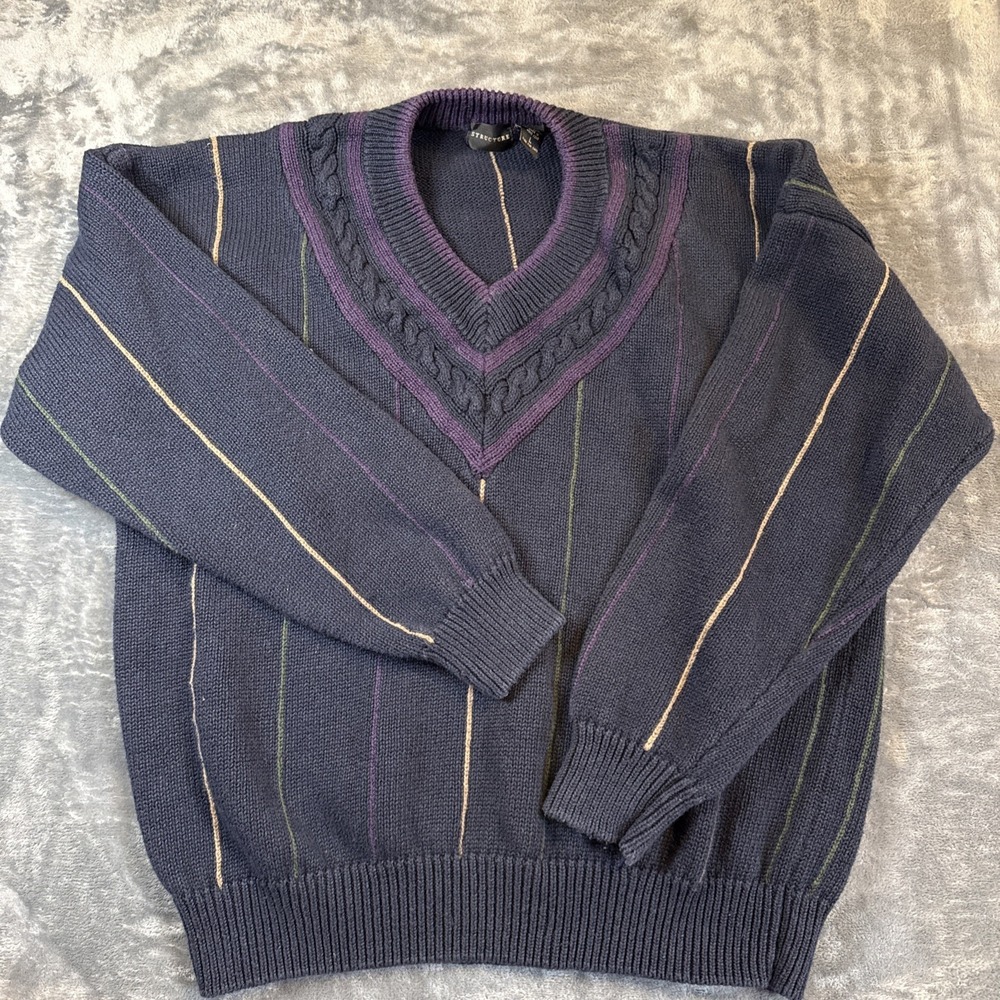 Vintage 90s Structure Sweater L Purple Stripe V Neck Ramie Cotton 90s